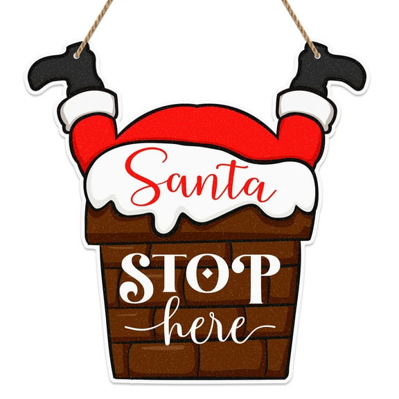 WaaHome Funny Santa Stop Here Sign for Christmas Door Decorations, 11.2"x11.2" Farmhouse Christmas Decor Sign Wreath for Christmas Holiday Decorations