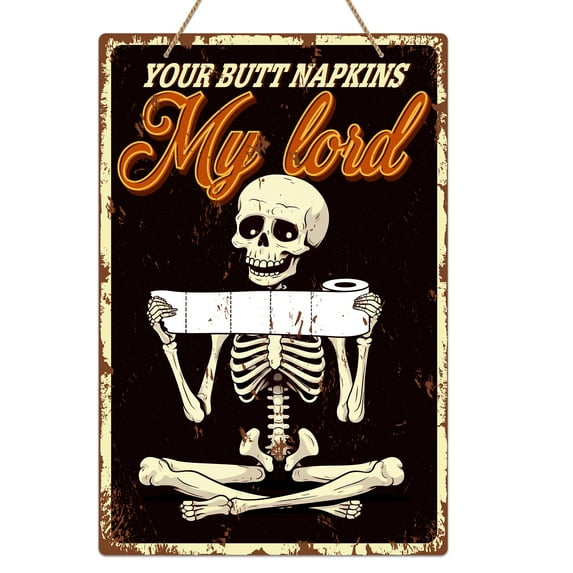 WaaHome Funny Skeleton Decor for Bathroom Your Butt Napkins My Lord Hanging Sign Retro Toilet Paper Bathroom Wall Decor Sign Vintage Skull Wall Decor for Home Washroom Bathroom Restroom Powder Room
