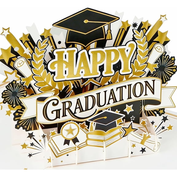 WaaHome Graduation Card Pop Up 2026 - Handmade Premium Black & Gold Foil Congrats Grad Card with Writing Insert, Blank Insert, Envelope, 8x6 Graduation Greeting Cards Gifts for High School College
