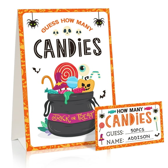 WaaHome Guess How Many Candies Halloween Party Game Halloween Party Game for Kids Adults 50pcs Halloween Candies Guessing Game Cards Guess How Many in The Jar Game Halloween Party Favors Supplies
