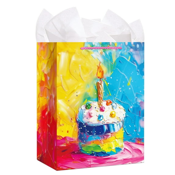 WaaHome Happy Birthday Gift Bag with Handle and Tissue Paper-11.5" Colorful Cupcake Large Birthday Gift Bag for Baby Girls Boys Kids Women Men Birthday Wrapping Paper Bags Birthday Party Favors