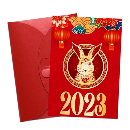 WaaHome Happy Chinese New Year Card 2023 Folding Year of The Rabbit Greeting Cards with Envelope Chinese Lunar Spring Festival Card