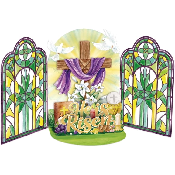 WaaHome Pop Up Religious Easter Card - He Is Risen Christian Easter Card Church Stained Glass & Cross Scene, for Church Decor Spiritual Gift (6”x8”)