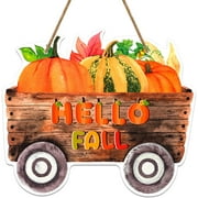 WaaHome Hello Fall Decoration Sign for Home Farmhouse Pumpkins Fall Door Decor Sign Autumn Wreaths for Front Door Hello Fall Hanging Sign for Home Wall Autumn Thanksgiving Decoration
