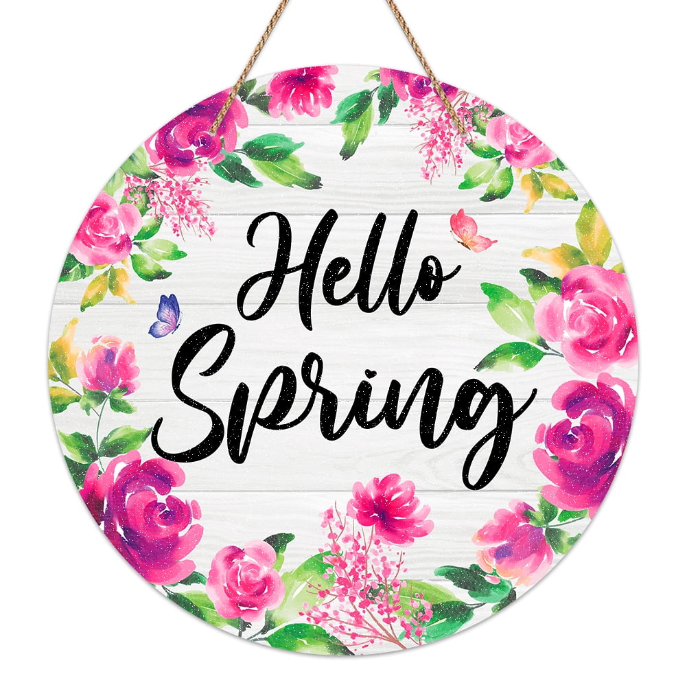 WaaHome Hello Spring Sign Wreath for Front Door Decor, Pink Purple
