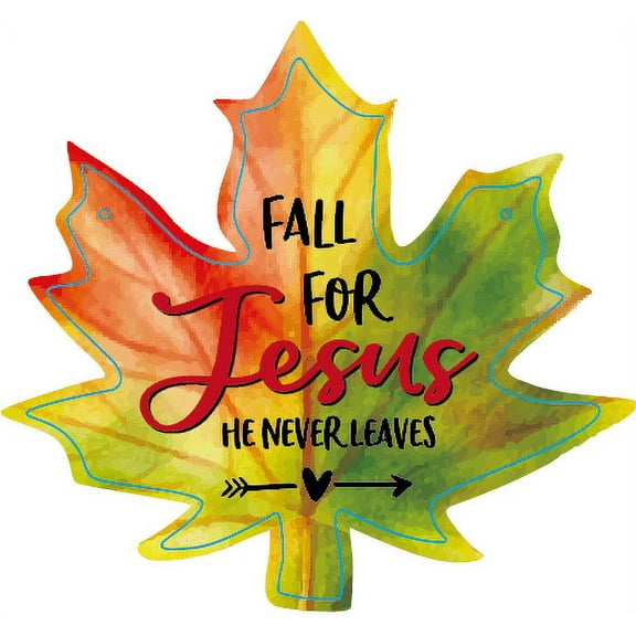 WaaHome Maple Leaf Fall Decor 11.5" Fall for Jesus He Never Leaves Decor Sign Farmhouse Autumn Wreaths for Front Door Christian Jesus Hanger Sign for Autumn Halloween Thanksgiving Decoration