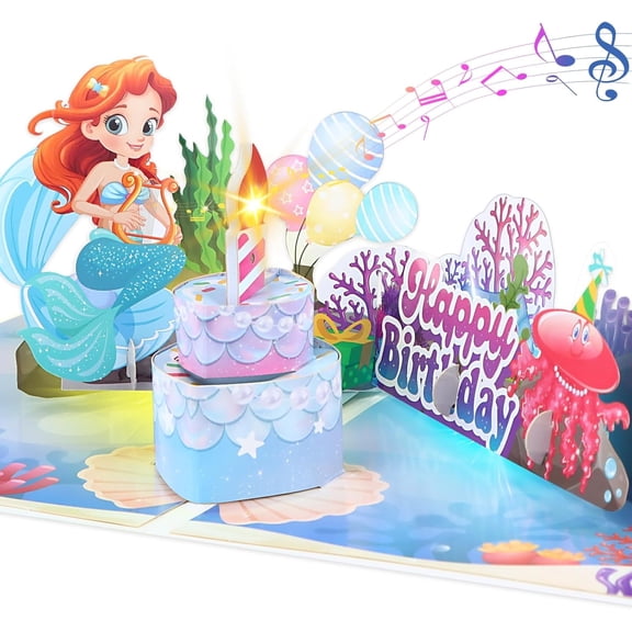 WaaHome Musical Birthday Card for Daughter - Mermaid Pop Up Bday Card with Music & Lights & Blowable Candle, 3D Happy Birthday Card for Kids Girl Grandaughter
