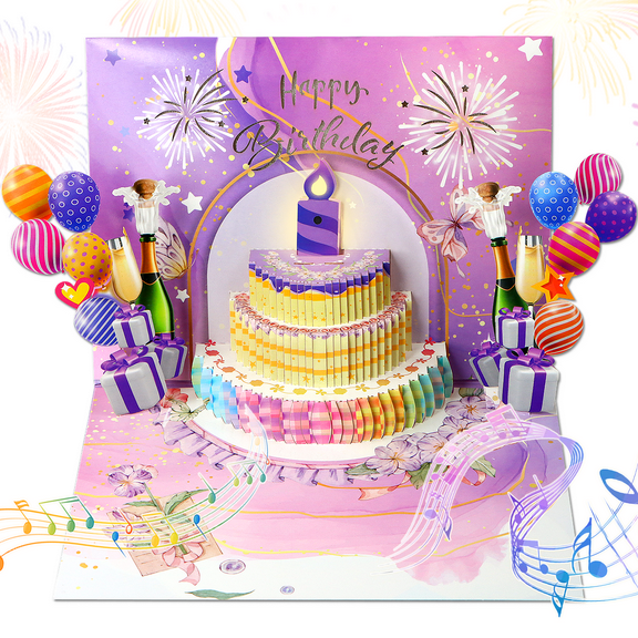 WaaHome Musical Birthday Cards for Women - DIY Age Blowable Candle Fireworks Pop Up Cake Light and Music Happy Birthday Gifts for Women Men Mom Grandma