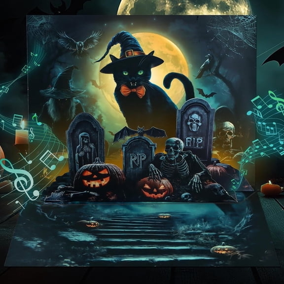 WaaHome Musical Halloween Cards - Light & Music Funny Halloween Pop Up Card for Boys Girls - Midnight Blessings from Witchy Cat