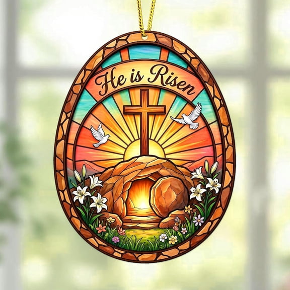 WaaHome Easter Egg Ornament for Tree Decorations - He is Risen Cross Easter Decor - Religious Gifts for Women Men Kids, Catholic Gifts, Stained Glass Egg Ornament and Easter Basket Stuffers