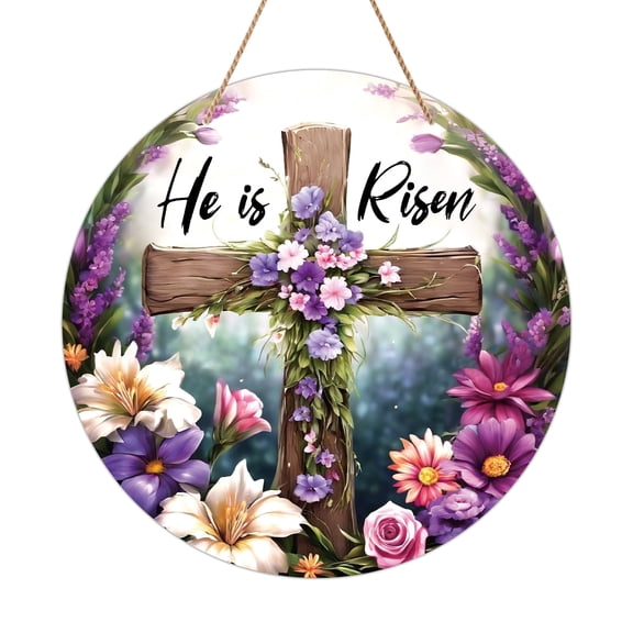 WaaHome He is Risen Sign Wreath for Front Door Decor Religious Cross Easter Hanging Door Decorations, Farmhouse Flower He is Risen Door Sign Hanger for Home Spring Wall Indoor Outdoor Decorations
