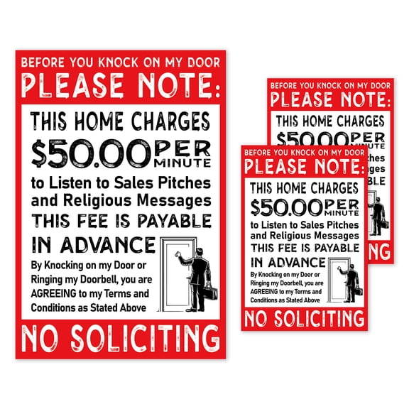WaaHome No Soliciting Stickers No Soliciting Sign for House Home Funny Don't Knock This Home Charges 50 per Minute No Soliciting Decals for Front Door Window, Pack of 3, One 3.7"x5.5" & Two 2.7"x4"