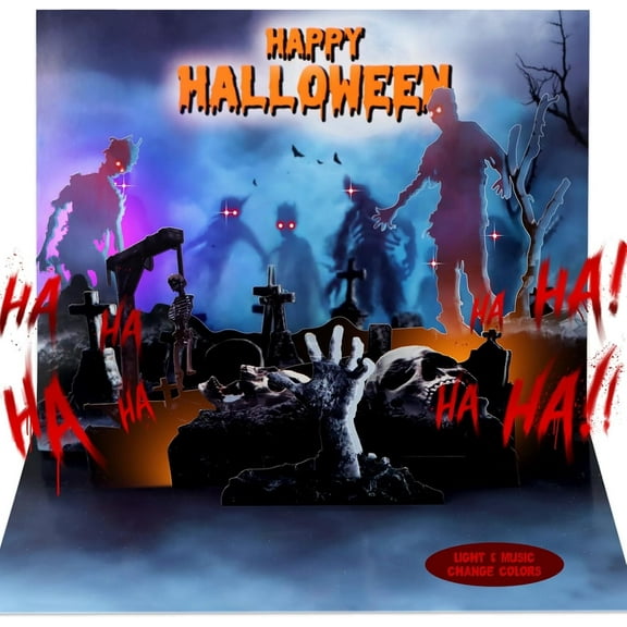 WaaHome Spooky Musical Halloween Card with LED Lights & Pop-Up Graveyard – Scary Zombie 3D Halloween Popup Cards with Sound forAdults & Friends