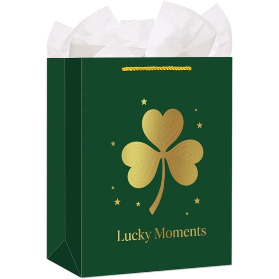 WaaHome St.Patrick's Day Gift Bag - Premium Dark Green & Gold Foil Embossed Clover Design Lucky Moments Elegant Holiday Gift Wrap with Tissue Paper Large Festive Bag for Party Favors