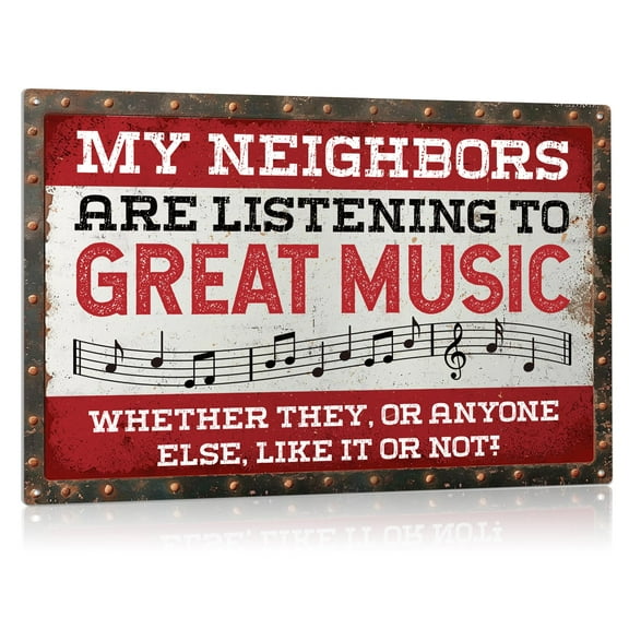 WaaHome Vintage Garage Decor Mens Room Decor - 8''x12'' Funny Sarcastic Music Sign for Man Cave Bar Patio Home Wall Decorations - Music Lovers Gifts for Men - My Neighbors Are Listening to Great Music