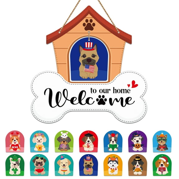 WaaHome Welcome Sign for Front Door Interchangeable Welcome Sign for Farmhouse Front Door Decor Welcome Wreaths for All Season Welcome Home Sign with 14 Holiday Interchangeable