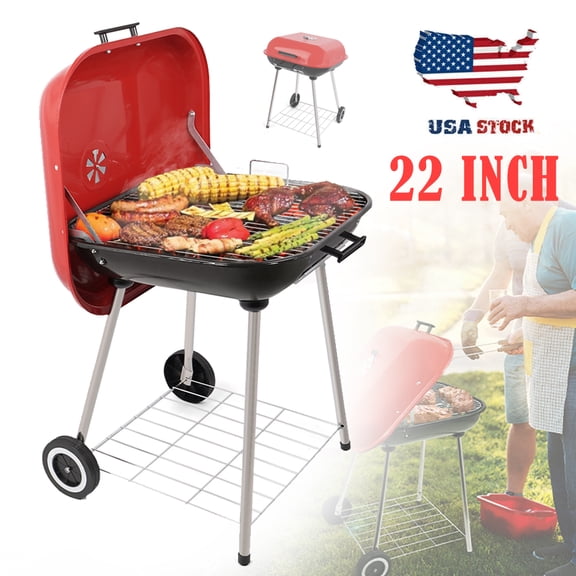 Waaoon-BBQ Grill For Outdoor Party Camping Picnic Stainless Steel Charcoal Barbecue Grill Portable Cart With Wheels Red