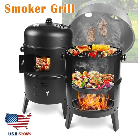 Waaoon Charcoal BBQ Smoker For Outdoor Backyard Camping Vertical Round Cooking Grilling With Thermometer 3-in-1 16Inch Black