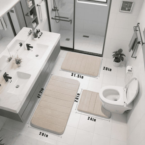 Waayee 3 Pieces Memory Foam Bath Mat Set with U-Shaped Toilet Rug - Non Slip Super Soft Absorbent Quick Dry Bathroom Rugs for Bathtub, Vanity & Toilet Base, Beige