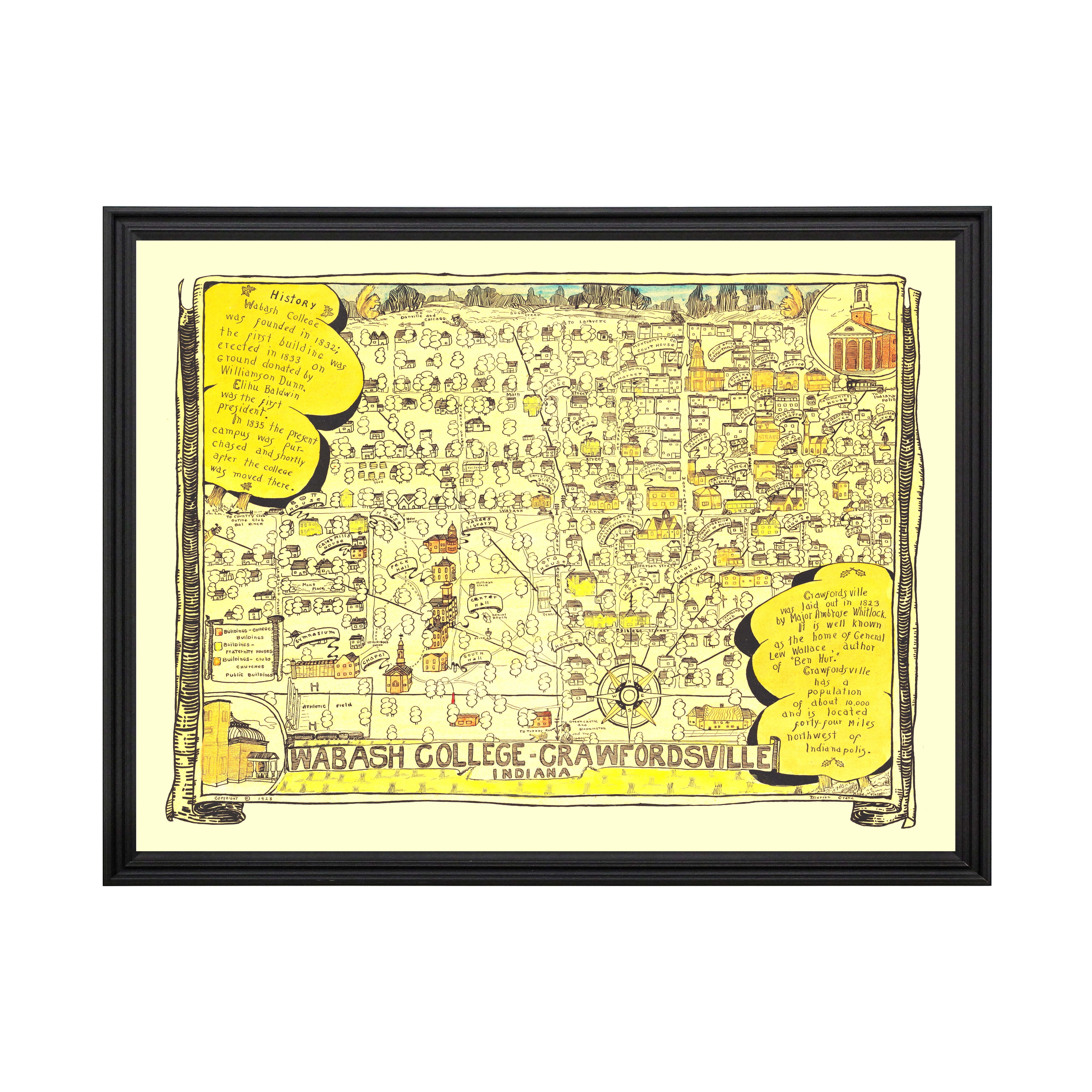 Wabash College Art, 1928 Vintage Map of Wabash College History Wall