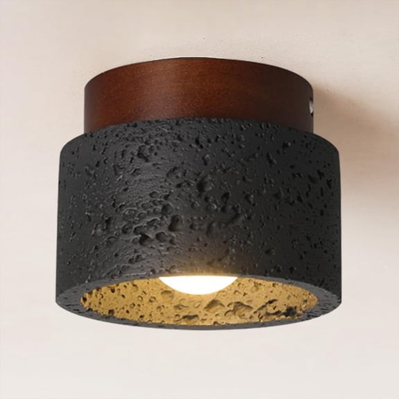 Wabi Sabi Ceiling Lights, 4.7 Inch Japanese Yellow Travertine Flush Mount Ceiling Light Fixture Stone Lampshade with Wooden Plate, Mid Century Ceiling Lamp for Corridor Foyer Entryway (Black)