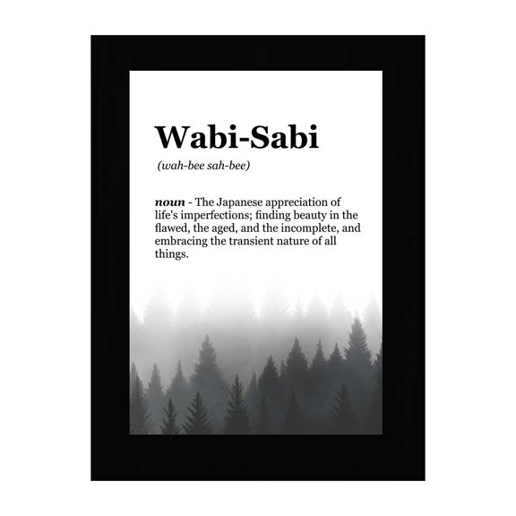 Wabi-Sabi Definition, Black Frame 7x5 Decorative Wall Plaque With Easel Acrylic Stand | Elegant Forest Design | Inspirational Typographic Decoration