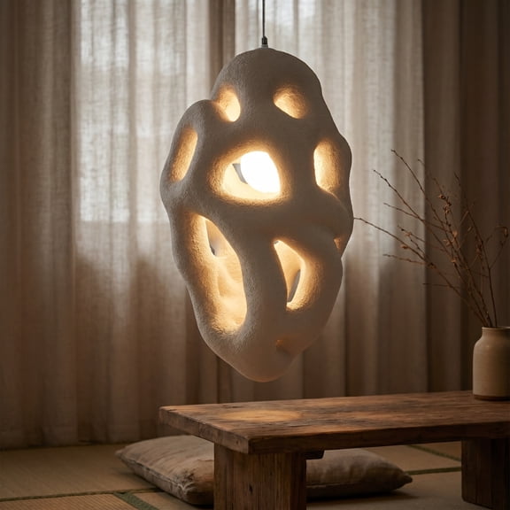 Wabi Sabi Sculptural Pendant Light with Irregular Hollow Textured Shade and 1.5M Adjustable Hanging Cord, Modern Biomorphic Lamp for Kitchen Island, Dining Bar, and Bedroom.