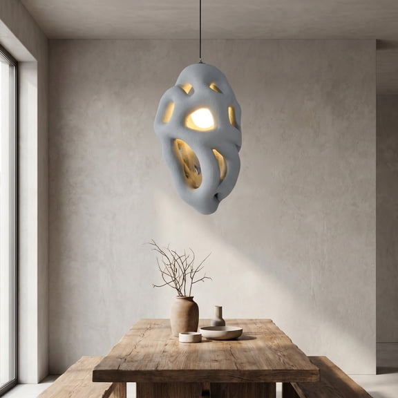 Wabi Sabi Sculptural Pendant Light with Irregular Hollow Textured Shade and 1.5M Adjustable Hanging Cord, Modern Biomorphic Lamp for Kitchen Island, Dining Bar, and Bedroom.