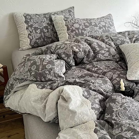 Wabi-Sabi Style 4-Piece Bedding Set  Vintage Middle Eastern Design with Lace Trim for Bedroom Comfort