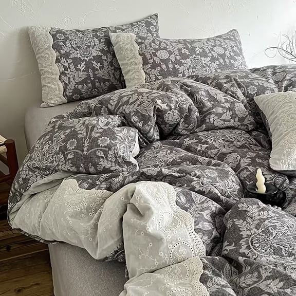 Wabi-Sabi Style Bedding Set - 4pcs Includes Duvet Cover, Flat Sheet, and Pillowcases - Vintage Middle Eastern Design with Lace Trim - Soft and Breathable Fabric