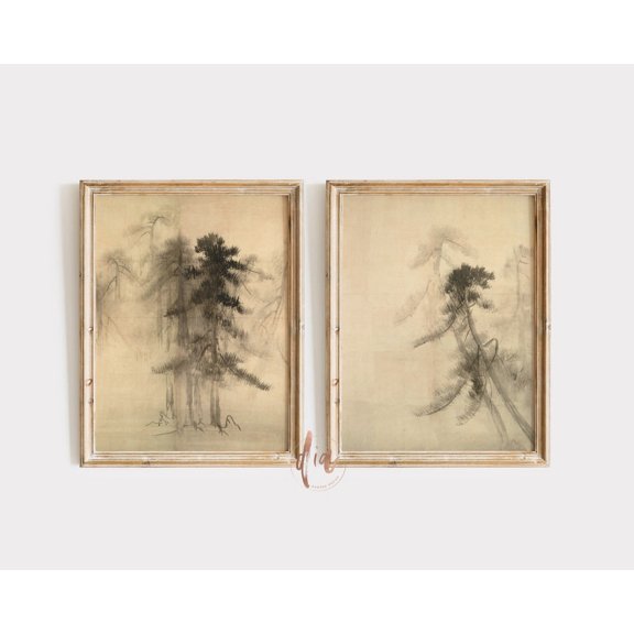 Wabi Sabi Wall Art Japandi Aesthetic Japanese Pine Tree Sketch Print Set 2 Stretched Canvas 12x18