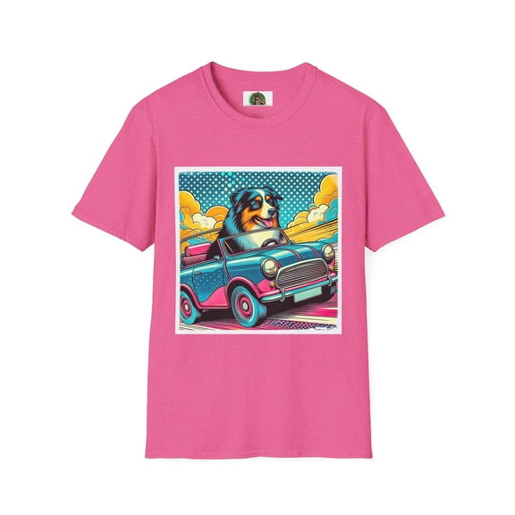 Wacky Australian Shepherd Dog In Colorful Car
