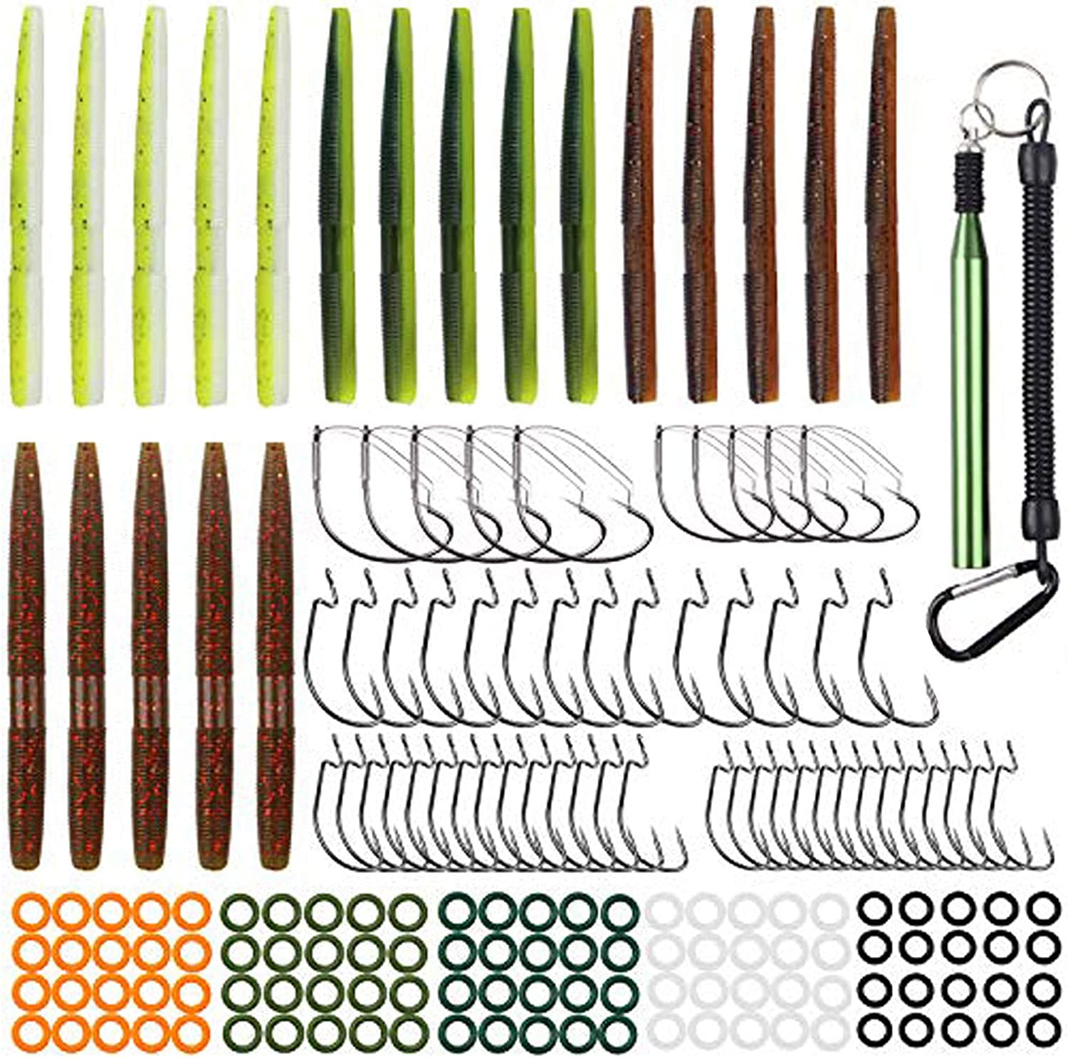 Worm Hook Rigs Wacky Rig Bass Worm Fishing Kit, 176pcs with O Rings, Weedless Hooks ...