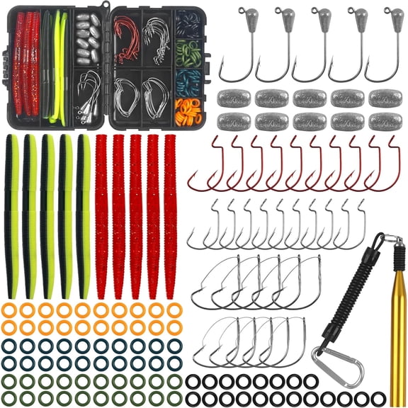 Wacky Rig Fishing Worm Kit, Wacky Soft Bait Weedless Hook Jig Head Hook O-Rings Wacky Rig Tool Fishing Lures Tackle Box Kit