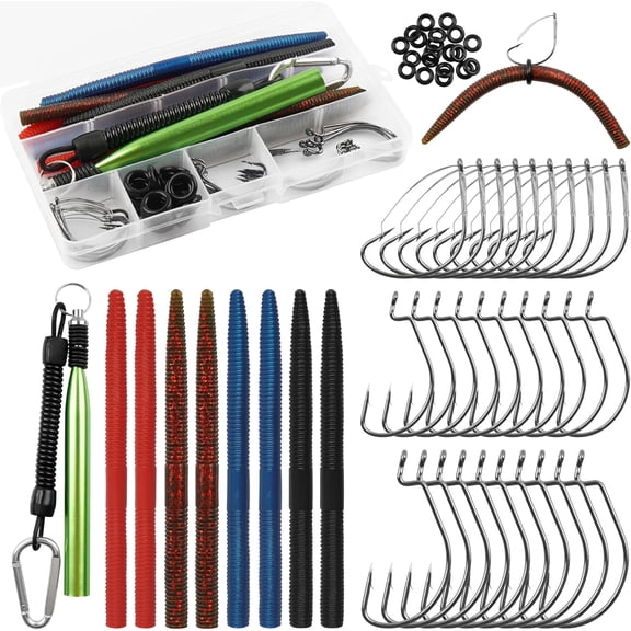 Wacky Rig Kit for Bass Fishing, 70pcs Wacky Worm Kit with Wacky Hooks, O-Rings, Wacky Tool, Soft Stick Worms and Tackle Box, Bass Fishing Lures for Largemouth and Smallmouth Bass