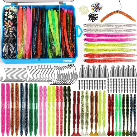 Wacky Worm Fishing Lure Kit, Soft Plastic Fishing Lures, Grub Baits Hook Wacky Rig Bass Trout Fishing Worms Lures w/Tackle Box
