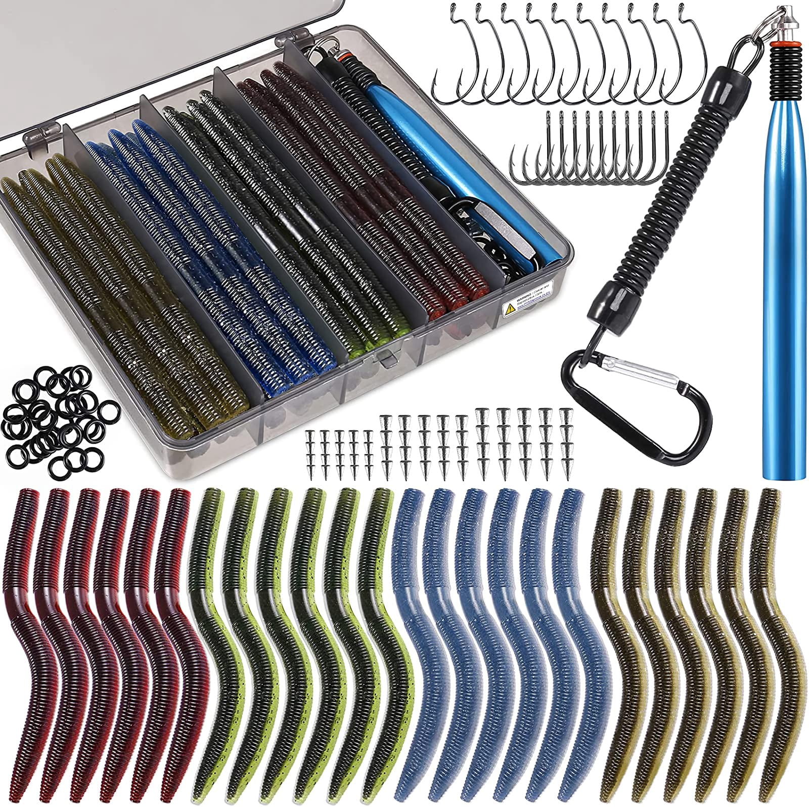 Wacky Worm Fishing Lure Kit  Soft Plastic Lures Grub Baits Hook Rig Bass Trout Worms W/tackle Box