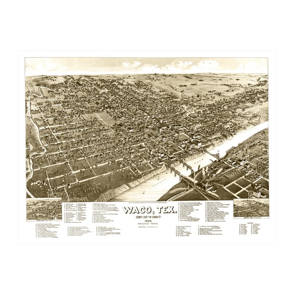 Waco Art, 1886 Vintage Map of Waco Texas, TX History Wall Decor Gift, Old Waco Map - 36" x 24" Unframed Print