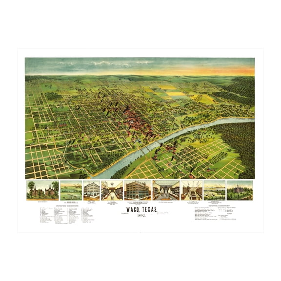 Waco Art, 1892 Vintage Map of Waco Texas, TX History Wall Decor Gift, Old Waco Map - 24" x 18" Unframed Print