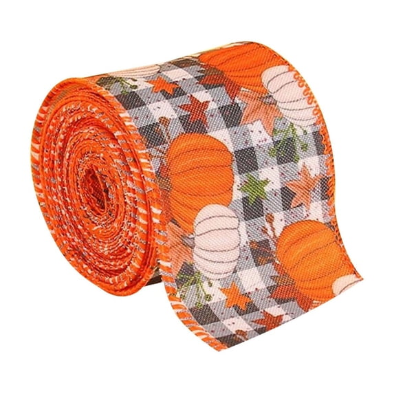 Wadada 1 Rolls 2.4 x 180 Inch Thanksgiving Fall Wired Ribbon for Craft Wreath Bow Making Pumpkin Autumn Leaves Ribbon Orange Plaid Burlap Ribbon for Wrapping Thanksgiving Party Home Decoration