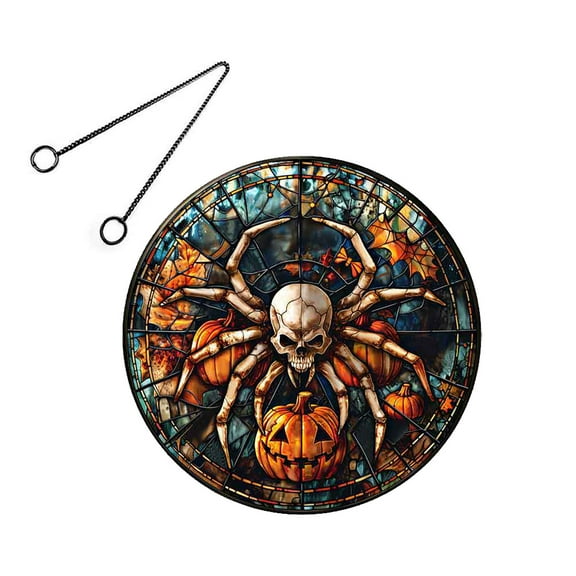 Wadada 11" Halloween Acrylic Stained Glass Window Hanging Decor Scary Skull Spider Acrylic Suncatcher Window Panel Glow in The Dark Hanging Sign Ornaments for Front Door Wall Home Party Bar Cafe