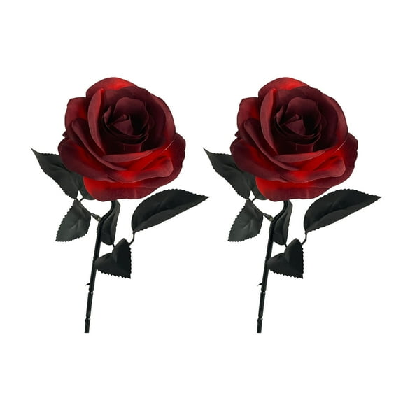 Wadada 2 pcs Red Roses Artificial Flowers with Stems, Faux Silk Flowers Bridal Gothic Wedding Bouquet, Realistic Blossom Flora for Home, Office, Hotel Decorations