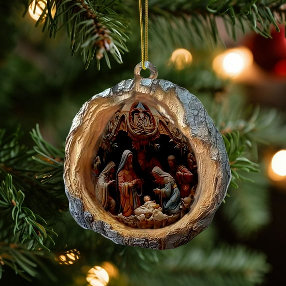 Wadada 3.1inch Christian Nativity Scenes Ornaments for Christmas Tree Acrylic Imitation Wood Hanging Ornaments with The Birth of Jesus in Nest Plastic Flat Religious Keepsake Pendant for Winter Party