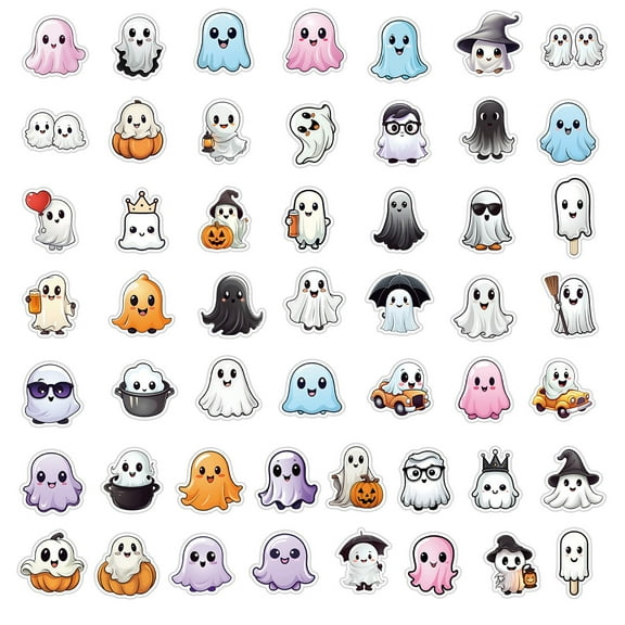 Wadada 50 PCS Halloween Funny Ghost Stickers,Vinyl Waterproof Ghost Stickers for Laptop Water BottlesCute Ghost Vinyl Sticker Decals to Teens Boys Girls Adults (Ghost Sticker)