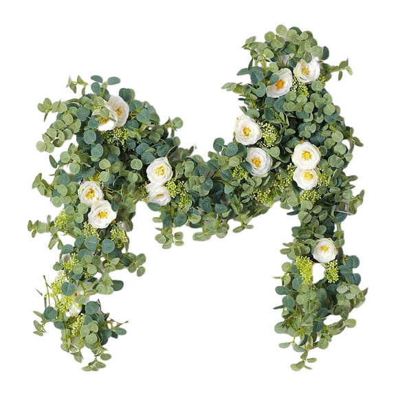 Wadada 6.56ft Eucalyptus Garland with Flowers-8 White Roses, Artificial Fake Flowers Greenery Garland Floral Vines for Decoration Party Wedding Table Indoor Outdoor Backdrop Wall Decor