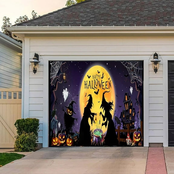 Wadada 8 x 9FT Halloween Garage Door Cover,Large Halloween Garage Door Decorations,Witch Hanging Garage Door Halloween Banner,Holiday Garage Door Window Wall Backdrop Halloween Supplies