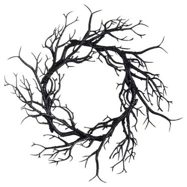 Wadada Artificial Halloween Wreath, Black Twig Wreath Halloween Wreath, Sparkling Hanging Decorations for Front Door Decorations Indoor Outdoor Halloween Party Home Decor(16.5Inch)