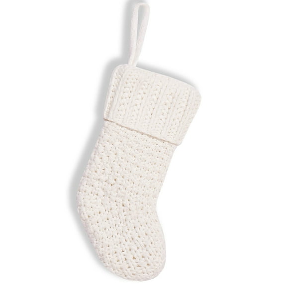Wadada Cable Knit Christmas Stockings, 8 inches Knitted Xmas Stockings, Rustic Farmhouse Beige Boho Style Stocking Decorations for Family Holiday Season Decor, White