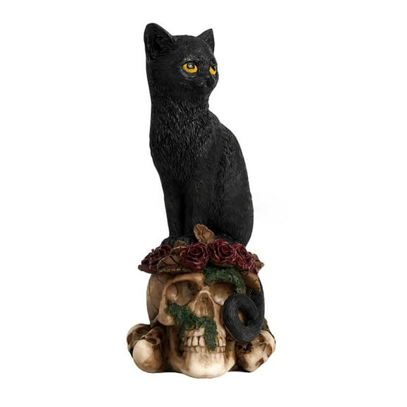 Wadada Cat Witching Hour Witchcraft Black Feline, Mystical Cat Sitting On Skull with Poison Roses Mini Figurine 3D Cats Skulls Decorative, Wicca Ossuary Macabre HalloweenHome Decor