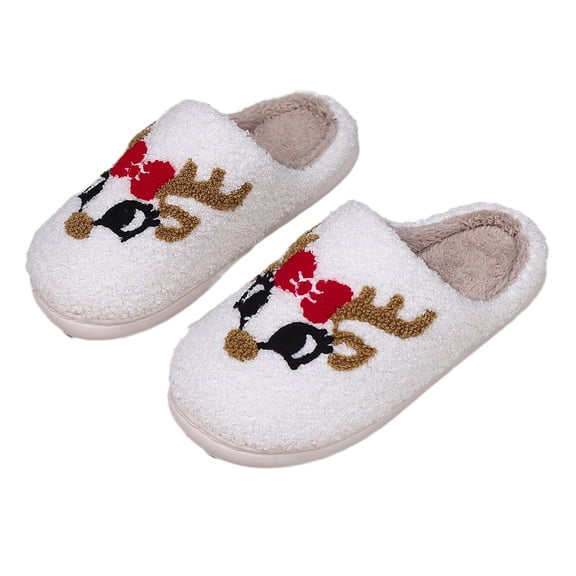 Wadada Christmas Slippers Reindeer Slippers for Women and Men Holiday Slippers Indoor Bedroom Fluffy Warm Fleece Slippers Winter Soft Cozy Home Non-Slip Soft Plush Slip-on Wool Lined House Shoes 9"